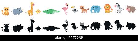 Collection of cute cartoon African animals and their silhouettes. Hand-drawn characters, isolated on a white background. Vector illustration Stock Vector