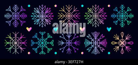 Neon ultra acid snowflake set, shiny gradient snow flake collection, decorative vector symbols in various shapes, luminescent glossy line winter clipa Stock Vector
