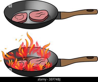 Illustration of meat pieces frying in a pan, depicting the cooking process on frying pan Stock Vector