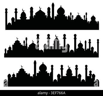 A collection of vector illustrations depicting the silhouette of iconic elements of Arabic architecture, such as the mosque roof, the minaret and the Stock Vector