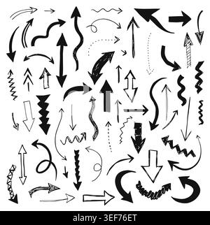 Set of grunge brush-style curved and looped arrows. Ideal for highlights, creative notes, social media, infographics and presentations Stock Vector