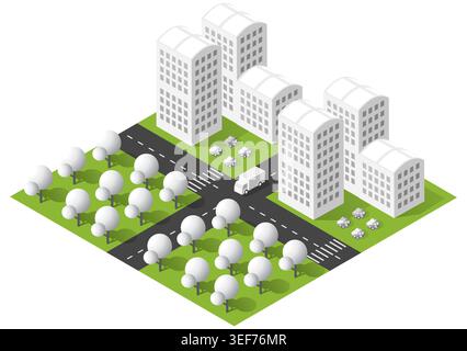 Isometric Urban City Block With Modern Apartment Buildings, Roads, Trees Stock Vector