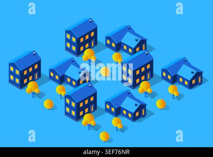 Isometric night city concept of violet style, an ultraviolet 3d modern Stock Vector