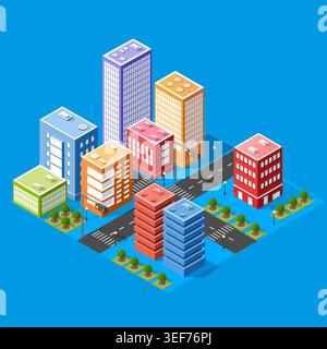 Isometric night city concept of violet style, an ultraviolet 3d modern Stock Vector