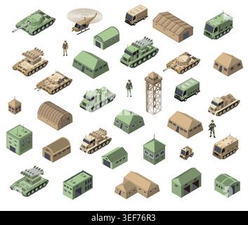 Set of army armed troop isometric armed military transport objects Stock Vector