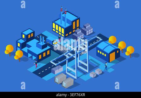 Isometric night city concept of violet style, an ultraviolet 3d modern Stock Vector