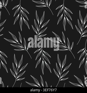 Olive twigs seamless pattern on dark background Minimalist Flat botanical style Elegant foliage texture. Vector textile print wallpaper wrapping paper packaging background branding and digital paper. Stock Vector