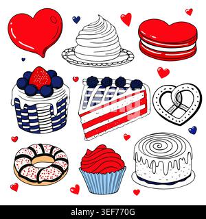 Set of hand drawn sketch of chocolate brownies cake and cupcakes Stock Vector