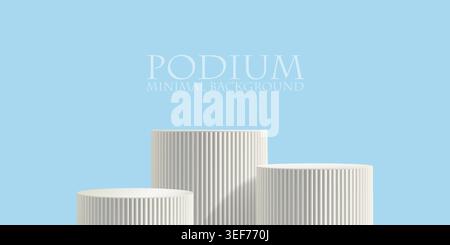 Blue bg 3d poduim, product display platform. Light minimal abstract stage, cylinder stair winner pedestal. White marble pillar scene, pastel room wall Stock Vector