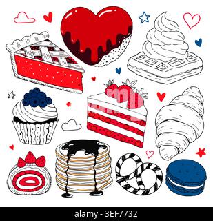 Set of hand drawn sketch of chocolate brownies cake and cupcakes Stock Vector