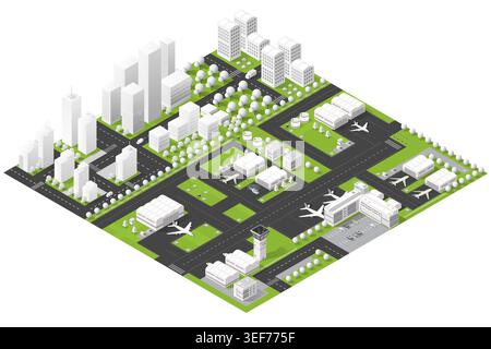 Isometric Airport and City Layout With Runways, Terminals, Airplanes Stock Vector