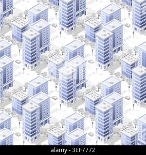 Urban isometric area with building trees lawns and streets. Seamless urban Stock Vector