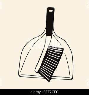 Hand drawn vector illustration of a dustpan and brush set for sweeping. Minimalist household cleaning tool icon in a trendy line art style for Stock Vector