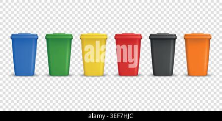 Vector 3d Recycling Bins Set. Glass Organic Paper E-Waste Metal Plastic. Color Bin Set. Realistic 3d Garbage Containers for Recycling and Stock Vector