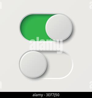 Vector 3d Toggle Switch Set. On and Off UI Toggle Buttons Isolated. Green Active and White Inactive Slider Controls for App and Web Interface Design Stock Vector