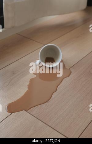Coffee spills on wooden floor near window in the morning Stock Photo