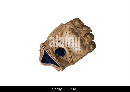Luxury Perforated Leather Fingerless Driving Gloves, Classic Tan and Navy Half-Finger Gloves for Men and Women Stock Photo