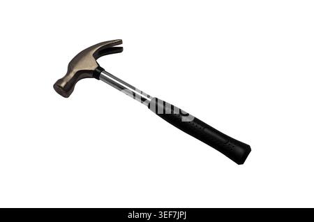 Claw Hammer with Steel Handle and Black Rubber Grip, Professional Hand Tool Isolated on White Background Stock Photo