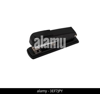Black Metal Office Stapler Open View Isolated on White Background, Classic Desktop Stapling Tool Stock Photo