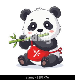 Cute Baby Panda Character Playing Bamboo Flute and Wearing Red Apron Vector Illustration Stock Vector