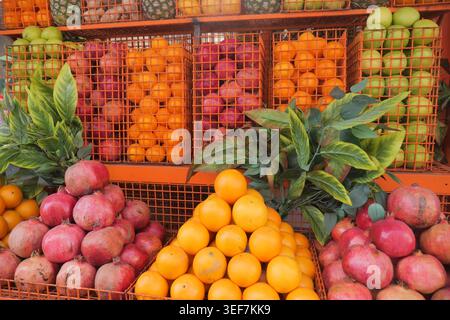 Fruit display at market in sunny afternoon Stock Photo