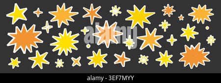 Star paper collage sticker set. Hand drawn star cutout doodle with grunge texture torn irregular edge. Gold yellow sparkle burst scrapbook cartoon cute retro background. Vector illustration Stock Vector