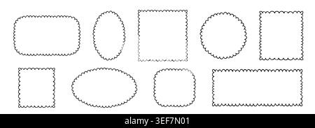 Scribble crayon doodle scalloped frames. Chalk grunge set blobs for text. Fluffy, wiggle label, stamps. Wavy whimsical edges curly doodle border. Vector illustration Stock Vector
