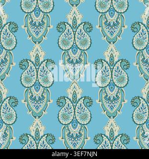 Blue Vertical Floral Paisley Medallion Stripe Stock Vector