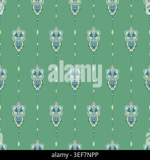 Vintage Green Vertical Paisley Stripe Pattern Stock Vector