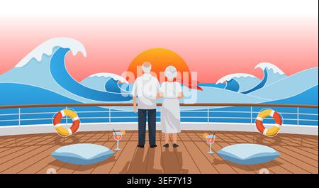 Senior man and woman on vacation. Cartoon elderly couple stands arm in arm on a cruise ship deck, over vibrant sunset and stylized waves. Ideal for re Stock Vector