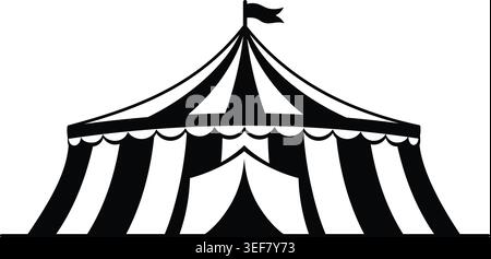 Clean black and white line drawing of a classic circus big top tent featuring a peak flag and open entrance. Ideal for vintage event design, illustrat Stock Vector