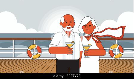 Senior man and woman on vacation. Cartoon elderly couple stands arm in arm on a cruise ship deck, over vibrant sunset and stylized waves. Ideal for re Stock Vector