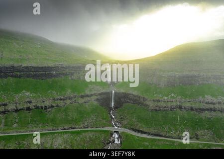Aerial view of Fossa Waterfall, Faroe Islands Stock Photo