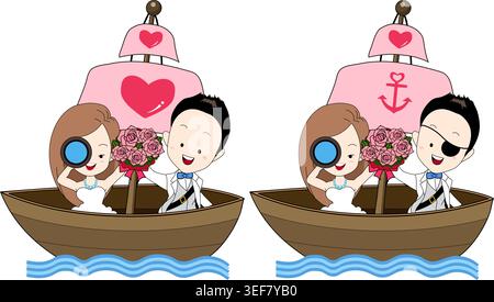 A wedding couple in pirate theme, bride and groom standing on a boat, hold a flower bouquet with happy face. Stock Vector