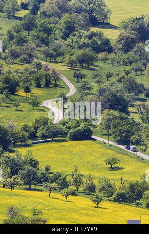 Spring in the Swabian Jura. Orchards on the Albtrauf near Neuffen. Neuffen, Baden-Wuerttemberg, Germany Stock Photo