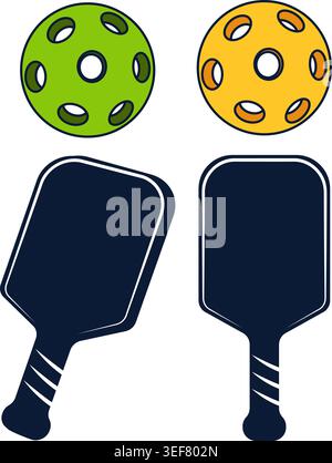Two pickleball paddles and two balls, green and yellow, arranged in a clean layout. Perfect for sports equipment marketing or educational content. Stock Vector