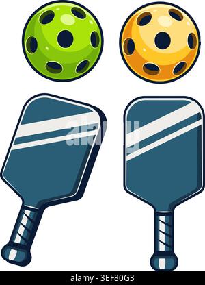 Two pickleball paddles and two balls, green and yellow, arranged in a clean layout. Perfect for sports equipment marketing or educational content. Stock Vector