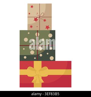 Stack of three Christmas gift boxes wrapped in kraft paper, green and red with ribbons and bows, isolated on white background, flat design illustratio Stock Photo