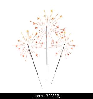 Three burning sparklers with orange and gold sparks, isolated on white background, flat design illustration Stock Photo