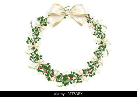Christmas wreath with mistletoe, red berries and cream bows, isolated on white background, flat design illustration Stock Photo