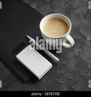 Blank business card, coffee cup, pen and usb flash drive. Responsive design template Stock Photo