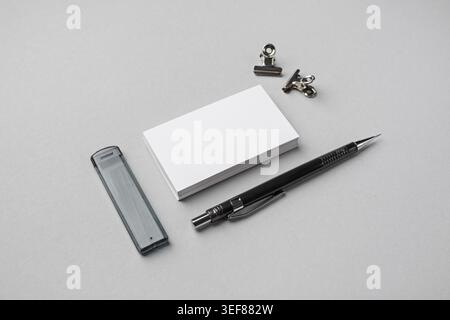 Blank stationery set on gray paper background. Brand identity mockup Stock Photo