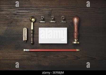 Blank vintage stationery set on wood table background. Stationery mock up. Flat lay Stock Photo