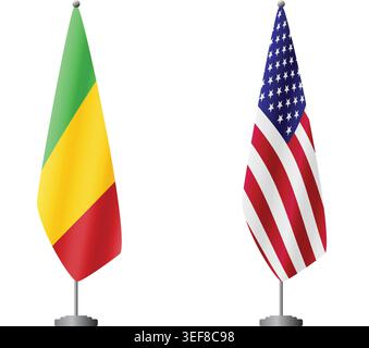 Mali and United States flags on flagpoles for official ceremonies and meetings, transparent background vector Stock Vector