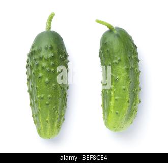 Two fresh green cucumbers isolated on white background. Top view Stock Photo