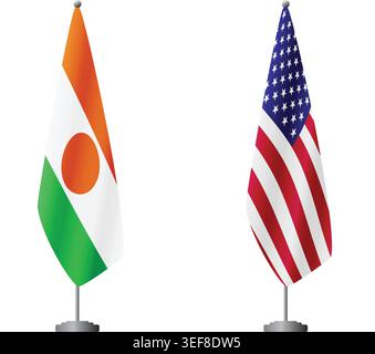 Niger and United States flags on flagpoles for official ceremonies and meetings, transparent background vector Stock Vector