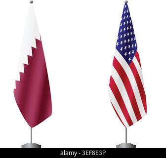 Qatar and United States flags on flagpoles for official ceremonies and meetings, transparent background vector Stock Vector