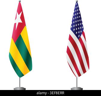Togo and United States flags on flagpoles for official ceremonies and meetings, transparent background vector Stock Vector
