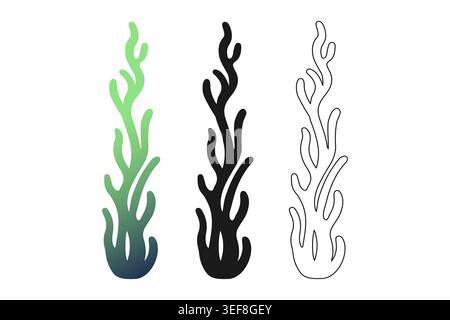 Abstract seaweed icons set with gradient silhouette and outline versions for marine logo tattoo and t-shirt design. Vector illustration Stock Vector