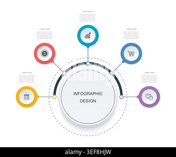 Business circular infographic with five options process diagram template. Stock Vector